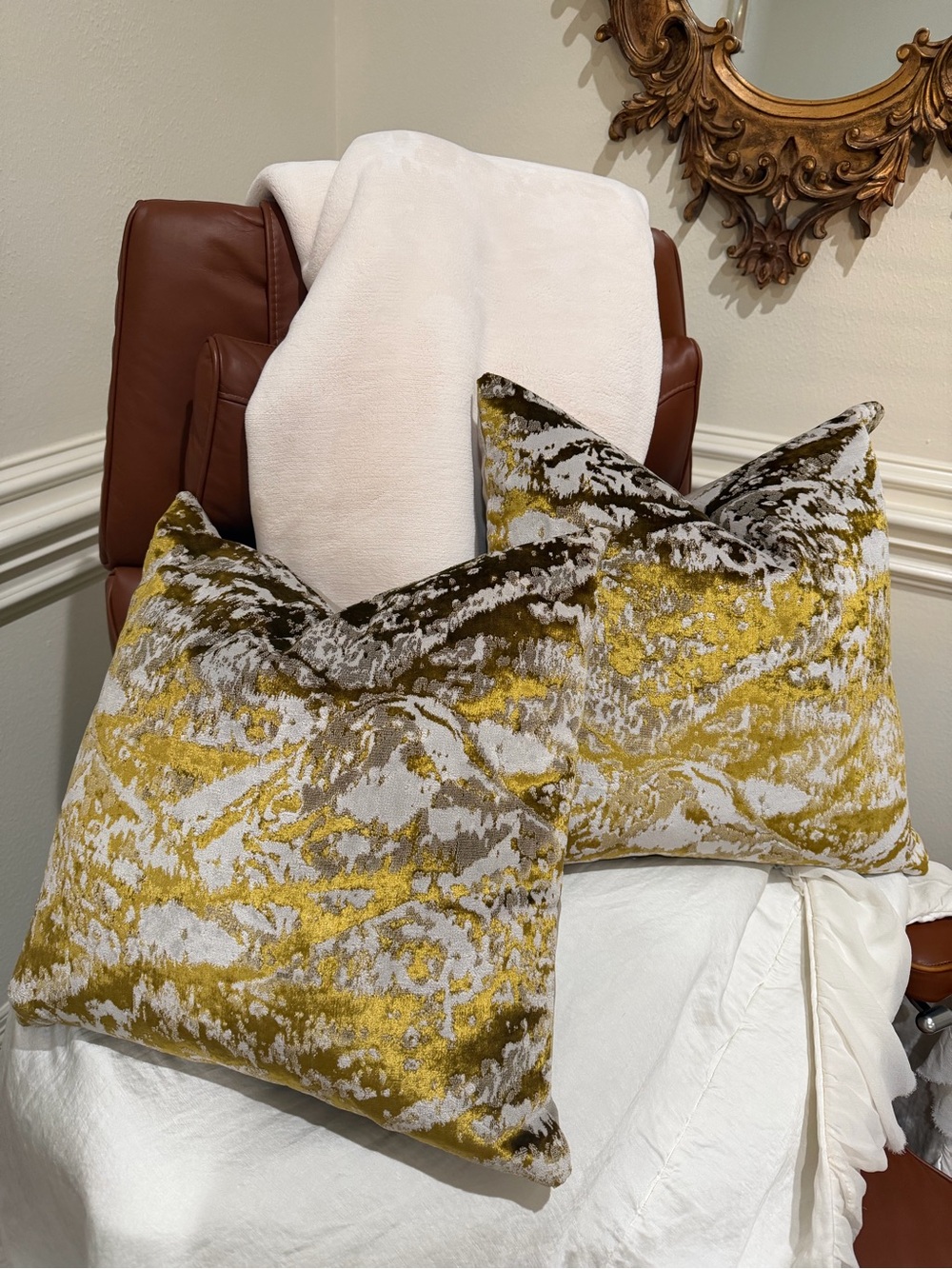 Neiman Marcus pair Luxury Velvet Abstract Pillows - Gold and Gray Cotton Velvet